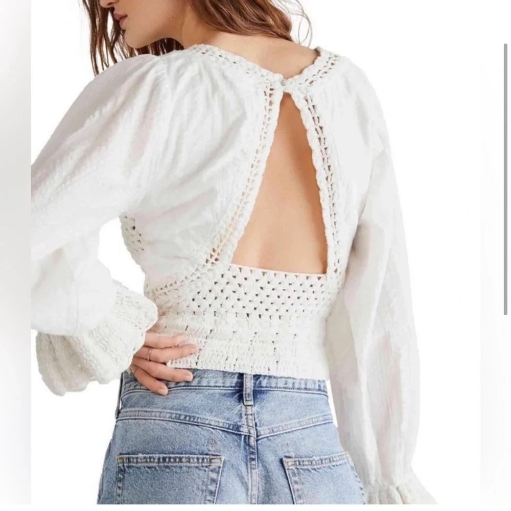 Free People White Megan Crochet Sheer Long Sleeve Boho Festival Crop Top, Small